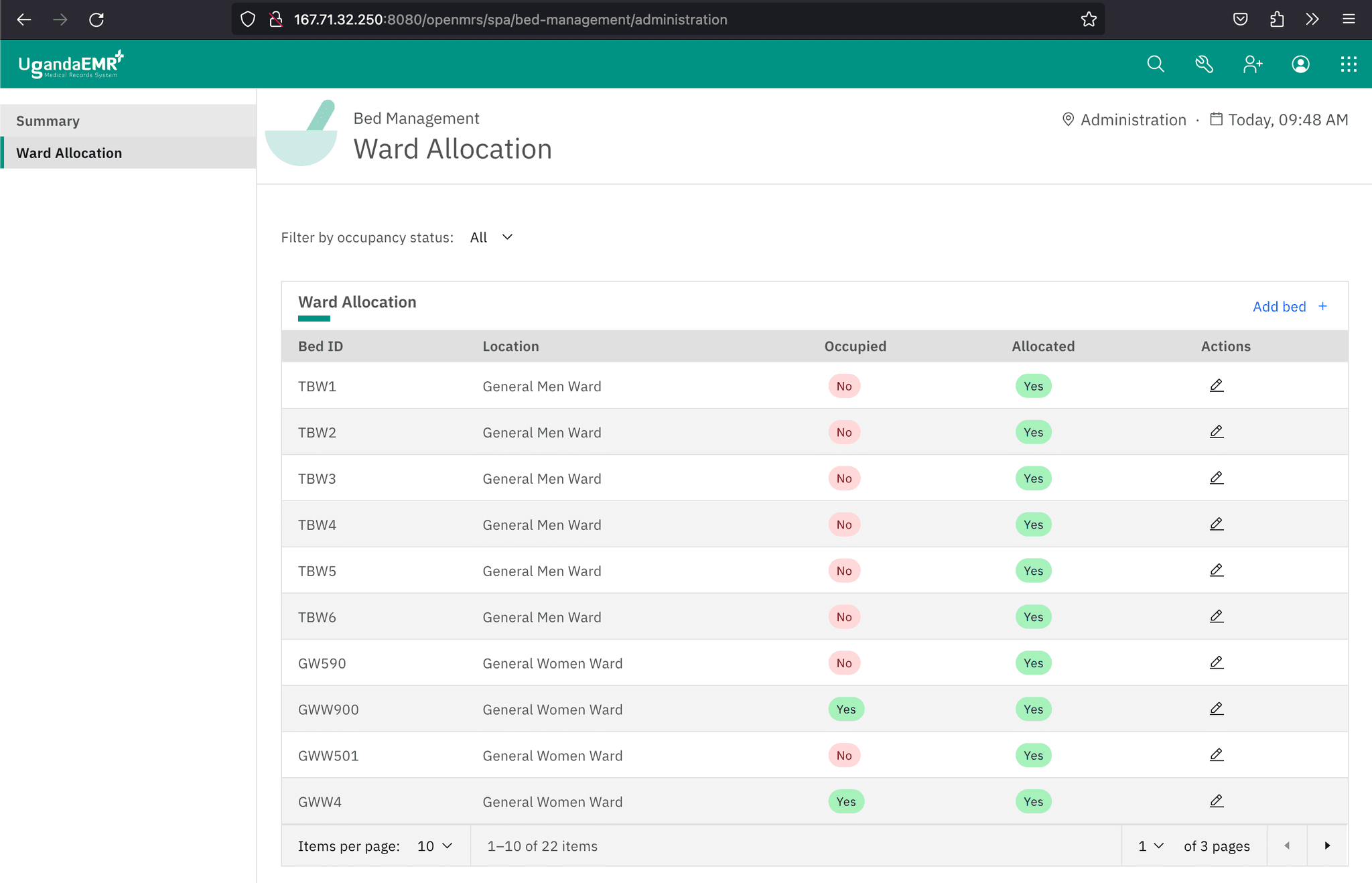 Screenshot of the administration page of the bed management app