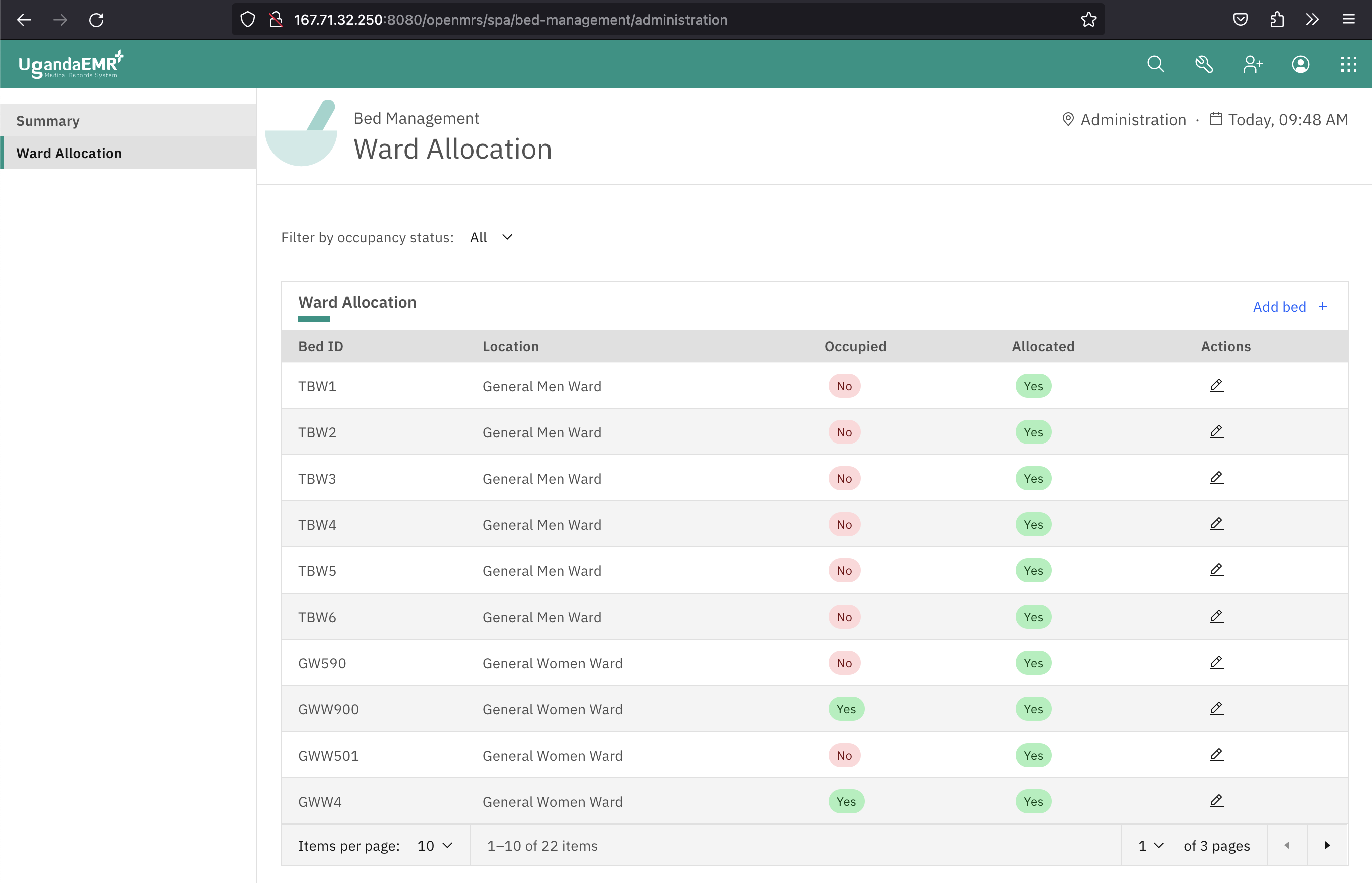 Screenshot of the bed allocation administration page
