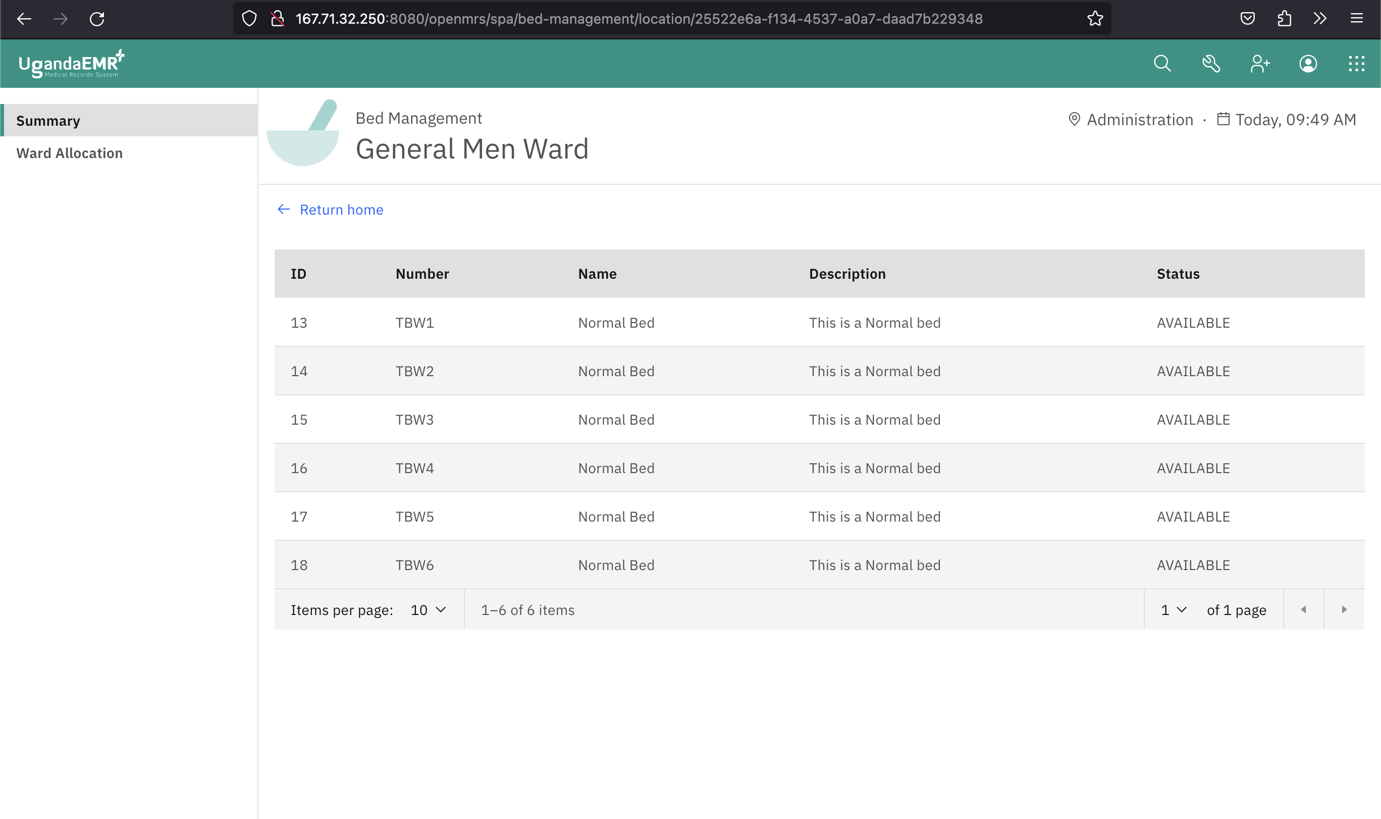 Screenshot of the location detail page in the Bed Management app
